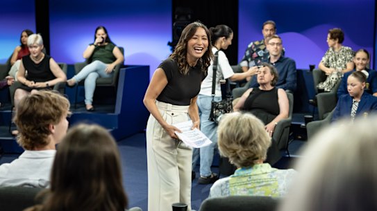 Kumi Taguchi. on the set of Insight before recording begins.