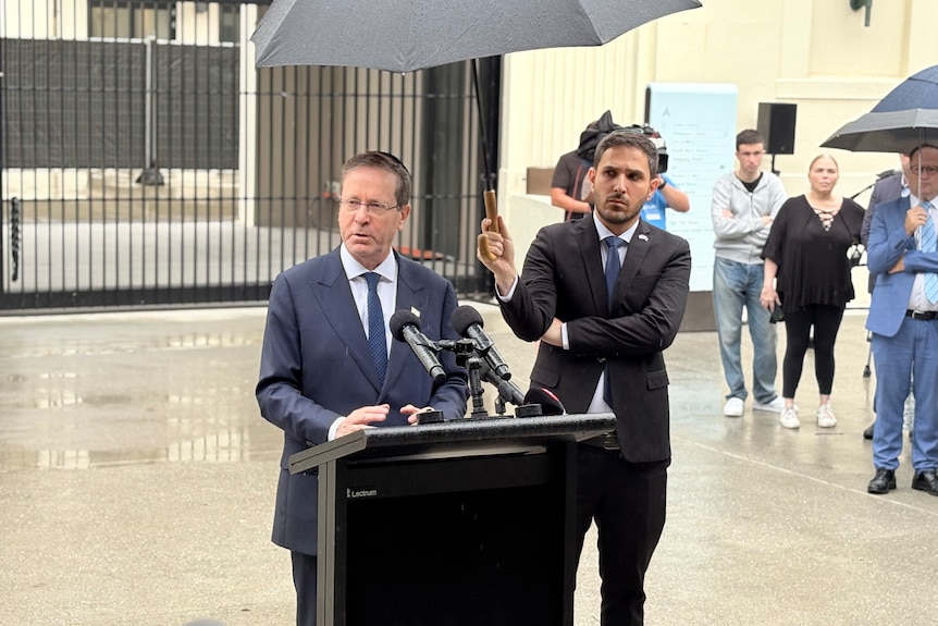 Mr Herzog wearing a suit and tie stands under an umbrella in the rain at a lecturn as he speaks to media.