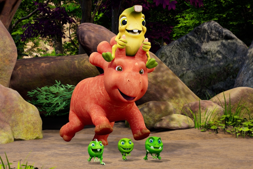 Image from Ginger and the Vegesaurs featuring an orange animated Vegesaur smiling at the camera.