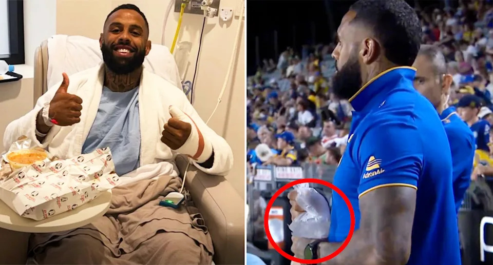 Josh Addo-Carr, pictured here in hospital and with ice on his thumb.