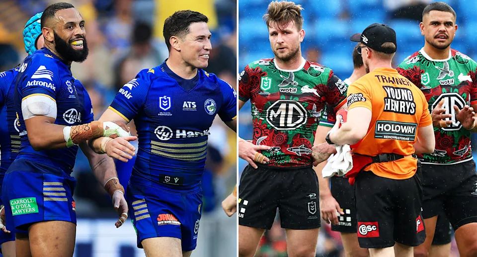 Josh Addo-Carr and Jai Arrow with Parramatta and Souths teammates.