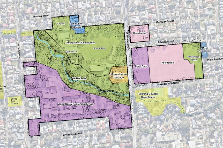 A map showing different parts in purple and green