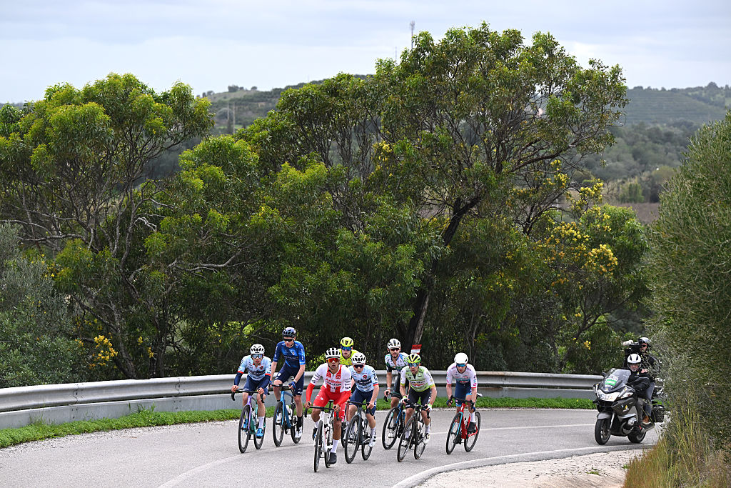 TAVIRA, PORTUGAL - FEBRUARY 18: Noah Campos of Portugal and Team Tavira - Credito Agricola, Enzo Leijnse of Netherlands and Team Anicolor Campicarn, Joao Silva of Portugal and Team Feira dos Sofas - Boavista, Tomas Contte of Argentina and Team Aviludo - Louletano - Loul&eacute;, Bruno Silva of Portugal and Team Tavfer-Ovos Matinados-Mortagua, Diogo Narciso of Portugal and Team Credibom - LA Aluminios - Marcos Car, Jose Miguel Moreira of Portugal and Team GI Group Holding - Simoldes - UDO, Viacheslav Ivanov of Russia and Team Feirense - Beeceler and Andre Ribeiro of Portugal and Team GI Group Holding - Simoldes - UDO compete in the breakaway during the 52nd Volta ao Algarve em Bicicleta 2026 - Stage 1 a 183.5km stage from Vila Real de Santo Antonio to Tavira on February 18, 2026 in Tavira, Portugal. (Photo by Dario Belingheri/Getty Images)