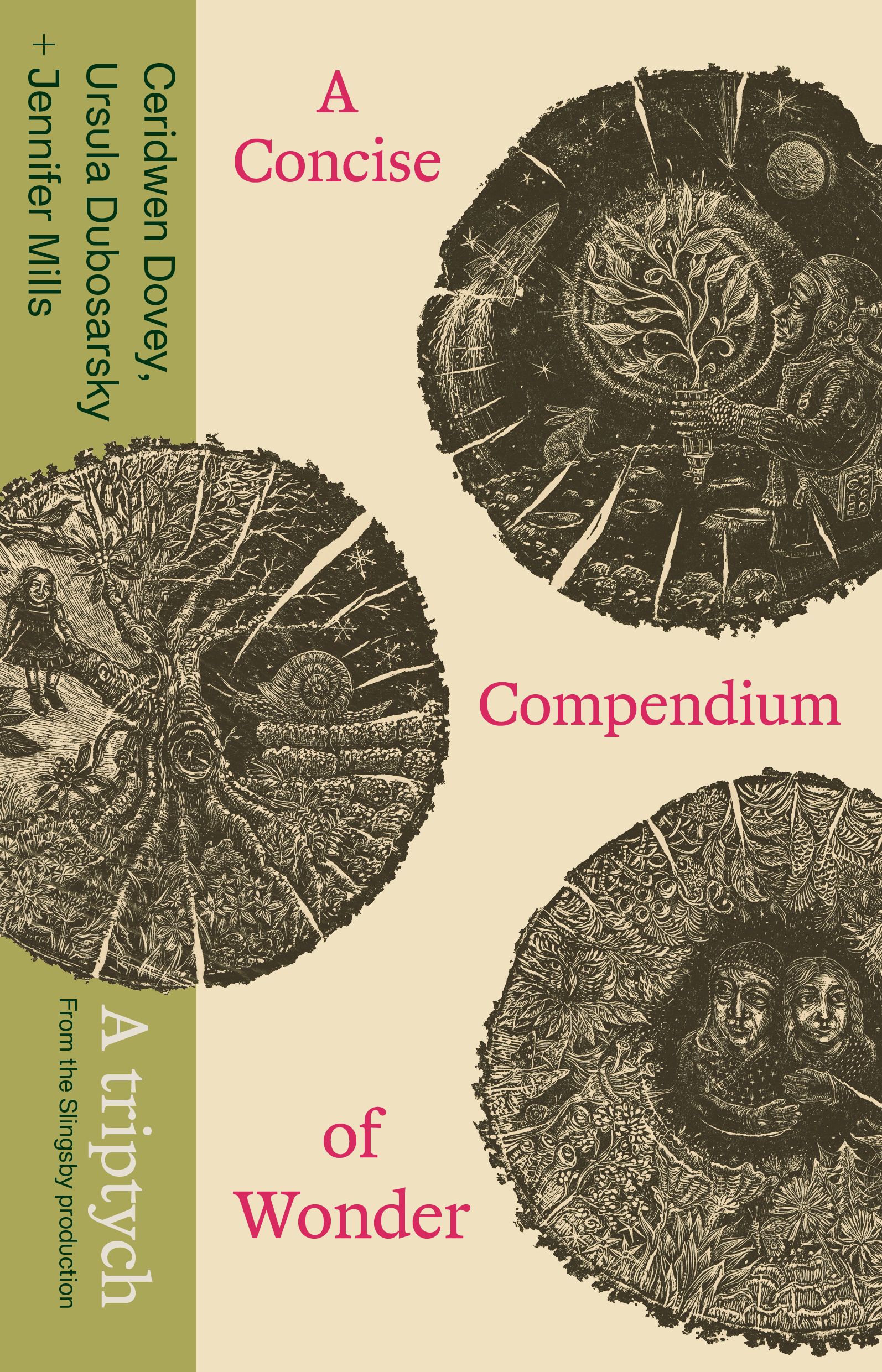 Cover of A Concise Compendium of Wonder, showing text and three woodcuts depicting scenes from fairy tales.