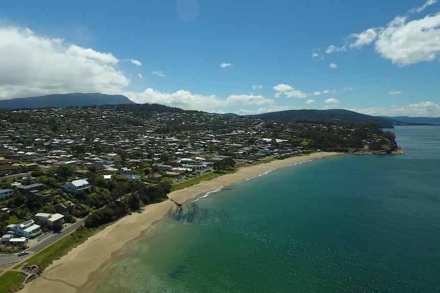 An aerial shot of Blackmans Bay in Tasmania, taken on November 13, 2018.