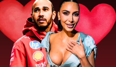Lewis Hamilton and Kim Kardashian with a love heart behind them