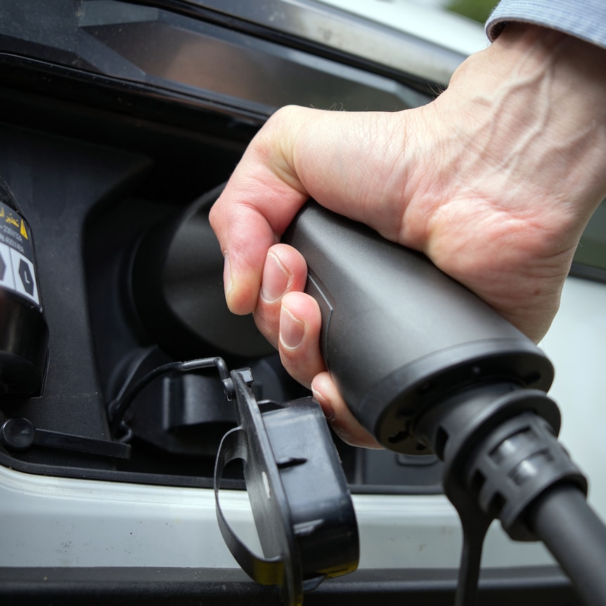 Image shows a close-up view of a man's hand holding an electric vehicle charger and inserting it in the charging point.
