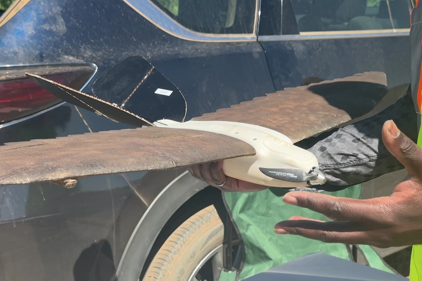 A dark-skinned man holds a fake bird in front of a black car, he is wearing a high-vis jacket.