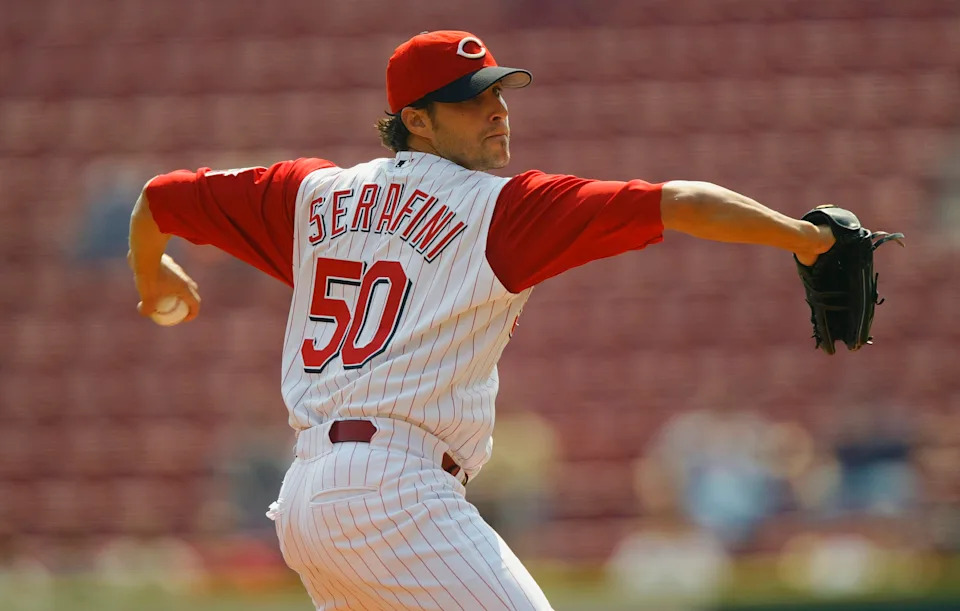 CINCINNATI, OH - SEPTEMBER 11:  Dan Serafini #50 of the Cincinnati Reds throws a pitch against the Pittsburgh Pirates at Great American Ball Park on September 11, 2003  in Cincinnati, Ohio.  (Photo by Andy Lyons/Getty Images)