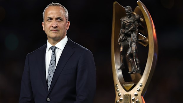 SYDNEY, AUSTRALIA - OCTOBER 05: Andrew Abdo, NRL CEO is seen during the trophy presentation during the NRL Grand Final match between the Melbourne Storm at Brisbane Broncos at Accor Stadium on October 05, 2025, in Sydney, Australia. (Photo by Cameron Spencer/Getty Images)