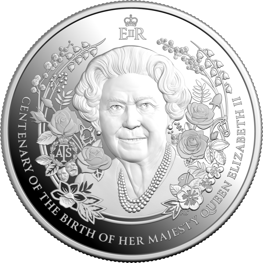 A round coin depicting the face of Queen Elizabeth II surrounded by European and Australian flowers, dogs, horses, initials.