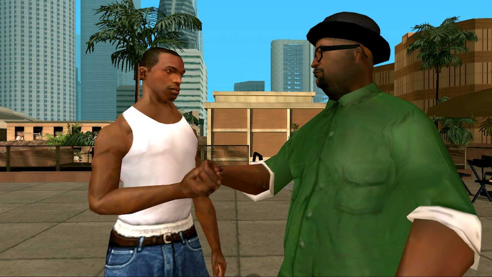 San Andreas showing CJ and Big Smoke shaking hands