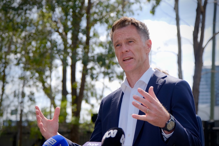 Chris Minns in suit outside in front of microphones