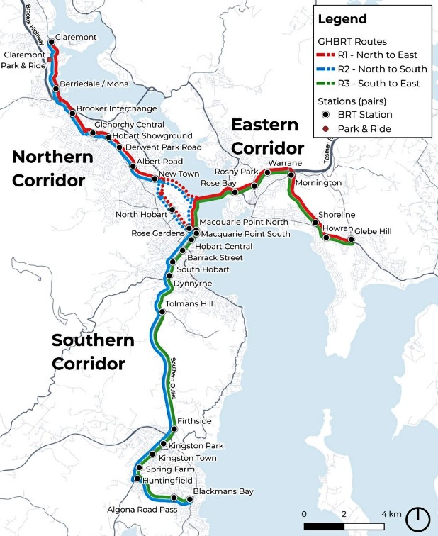 A map showing dozens of bus stops north, south and east of Hobart leading to the city centre.