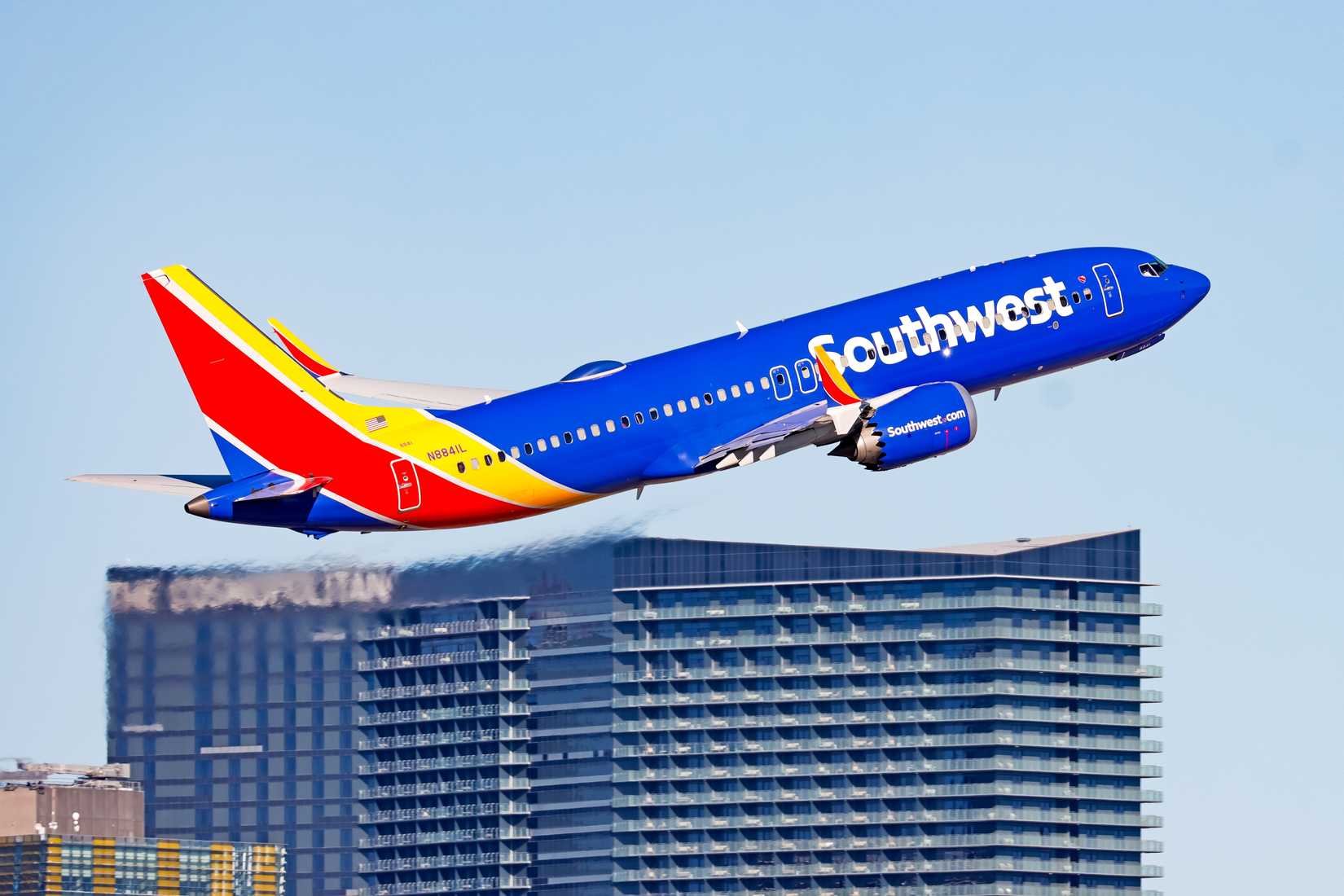 Boeing 737 MAX8 of Southwest Airlines takes off.
