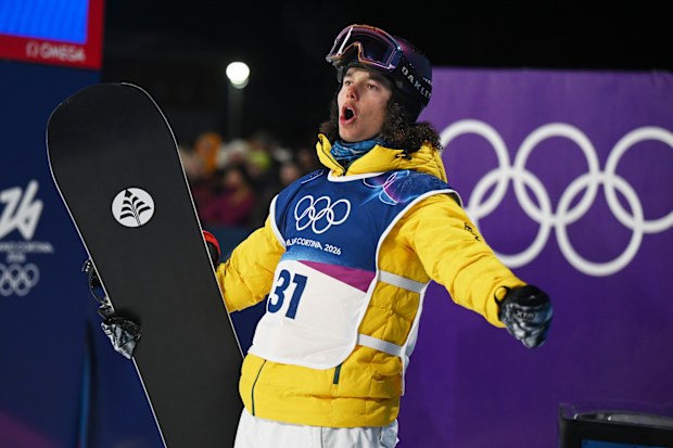 LIVIGNO, ITALY - FEBRUARY 07: Valentino Guseli of Team Australia reacts during run two of the Men's Snowboard Big Air Final on day one of the Milano Cortina 2026 Winter Olympic games at Livigno Snow Park on February 07, 2026 in Livigno, Italy. (Photo by Hannah Peters/Getty Images)