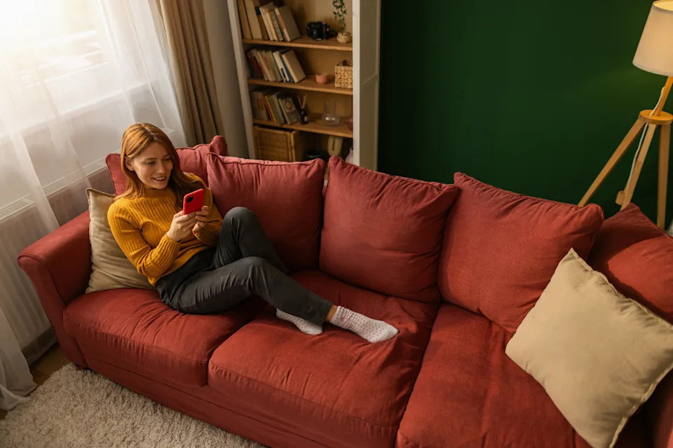 Woman relaxes on a sofa, using a smartphone. Books and a lamp decorate the room, suggesting a comfortable home office or living space