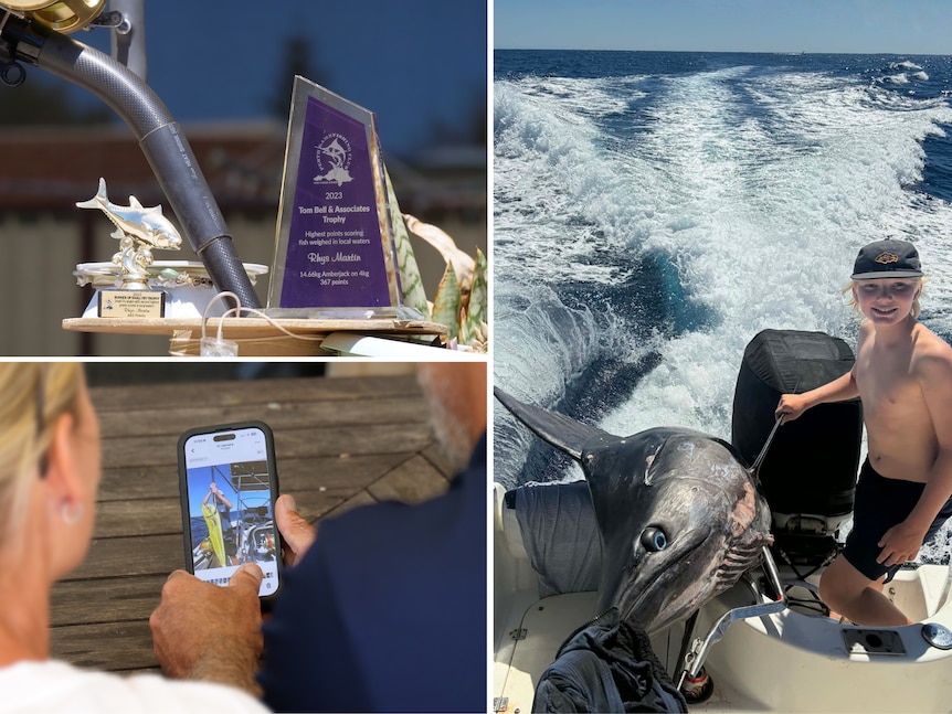 Rhys on the boat next to the giant blue marlin