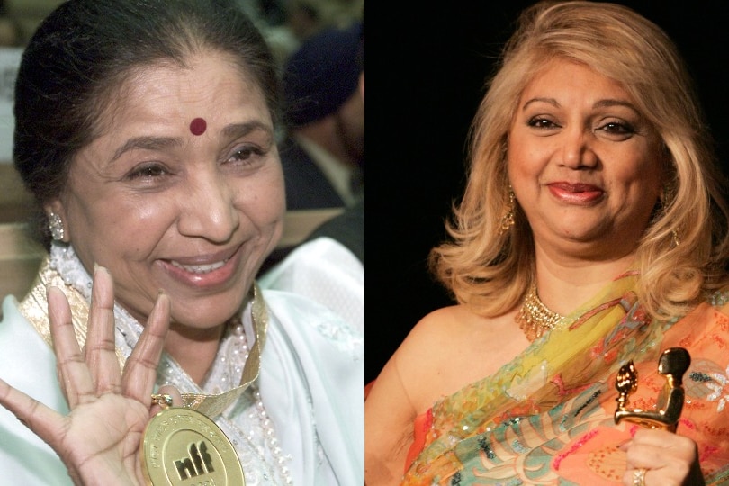 Composite of Indian music legends Asha Bhosle and Asha Puthli holding respective lifetime achievement awards.