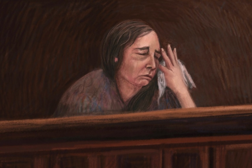 A sketch of a crying Erin Patterson. 