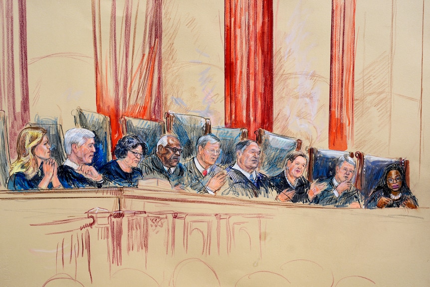 A sketch depicts nine Supreme Court justices sitting on the bench during a prosecution.