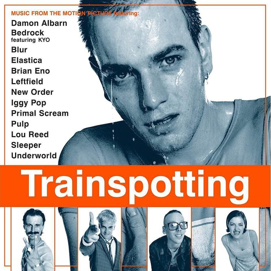 Still of Trainspotting soundtrack cd cover with cast members and text.