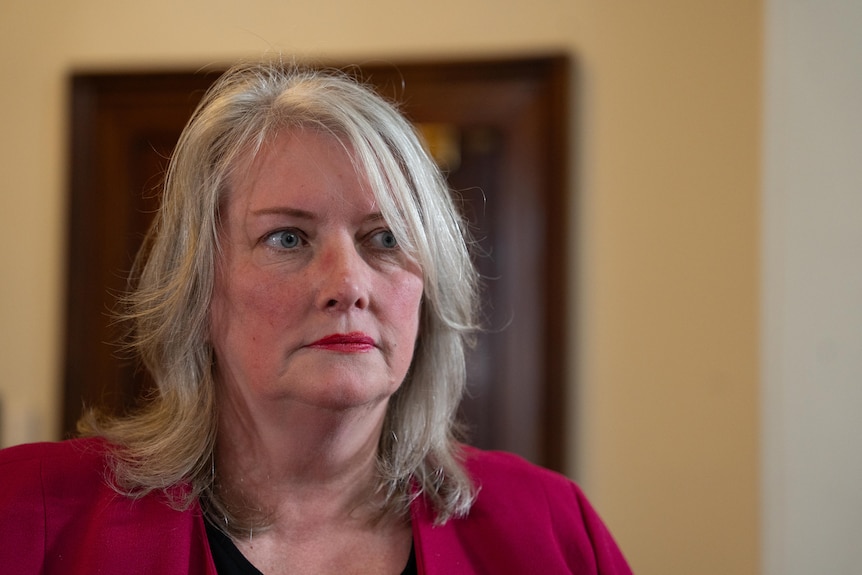 Tammy Franks looking sideways from the camera in a pink blazer