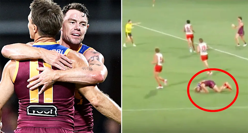 Lachie Neale and Jed Walter amongst Lions and Suns players.