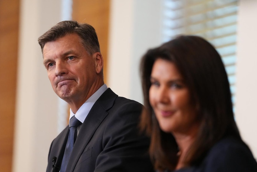 Angus Taylor and Jane Hume speak at a press conference.