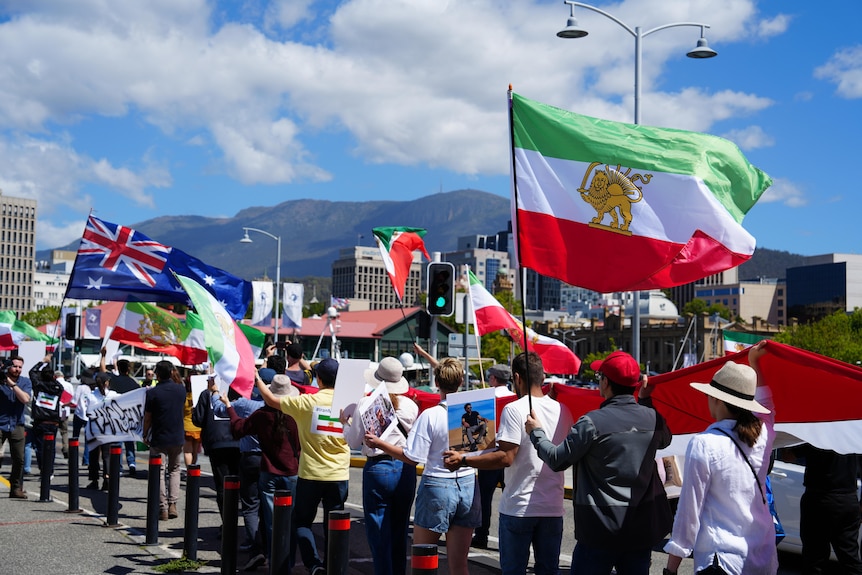 dozens of people walking along a sunny Hobart street holding flags and signs