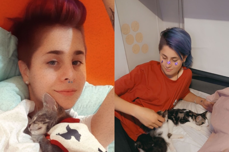 Two images of Alexx Wright who has short hair, light eyes and facial piercings. They sit in bed with kittens.