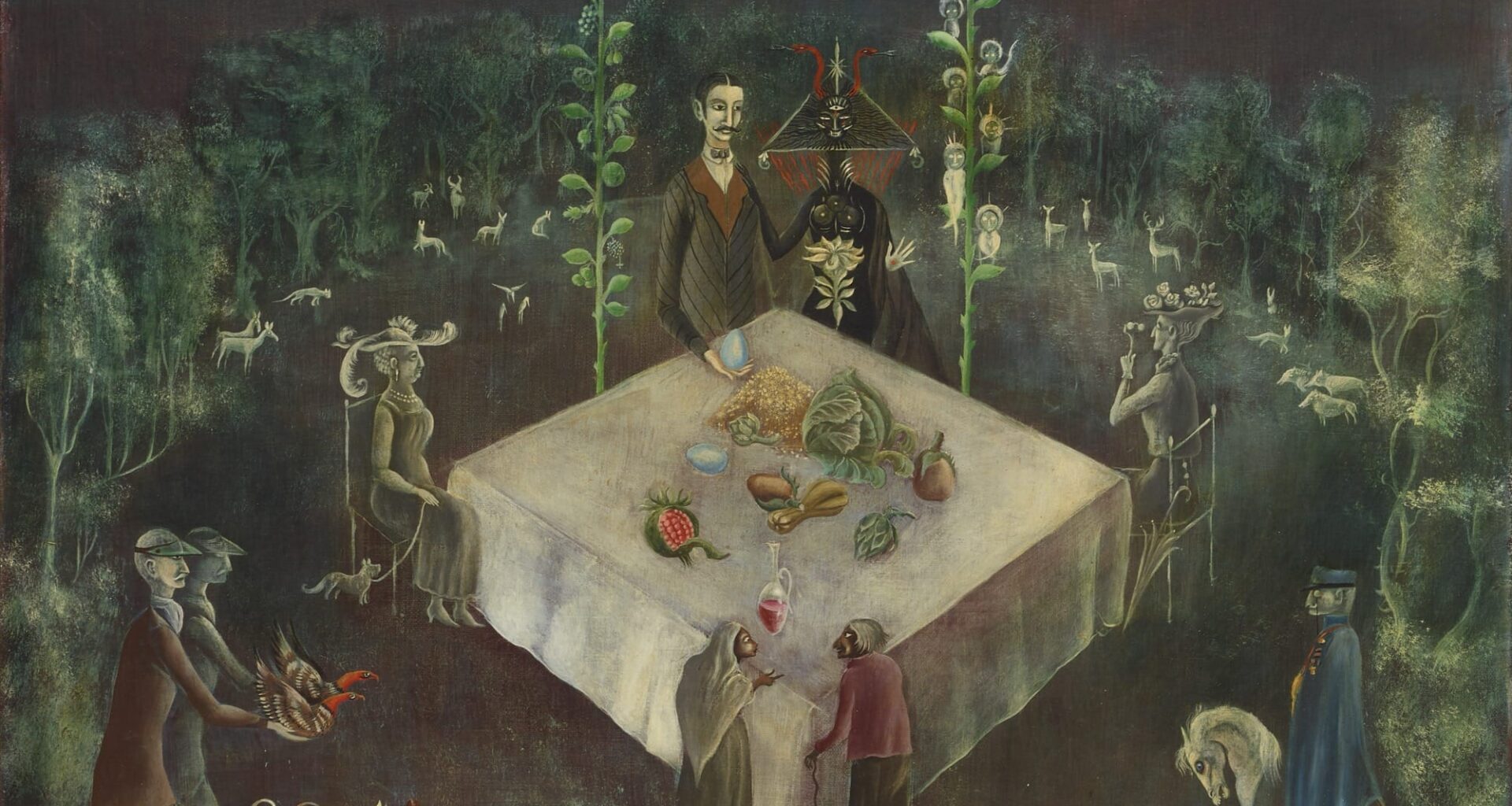 A surrealist painting by Leonora Carrington depicting a square table amid a forest, surrounded by unusual figures, plants, and animals