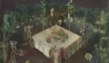 A surrealist painting by Leonora Carrington depicting a square table amid a forest, surrounded by unusual figures, plants, and animals