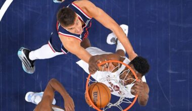 Cleveland Cavaliers center Thomas Bryant, right, dunks as Los Angeles Clippers guard Bogdan Bogdanovic defends during the first half of an NBA basketball game Wednesday, Feb. 4, 2026, in Inglewood, Calif. (AP Photo/Mark J. Terrill)