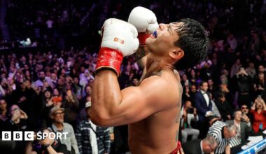 Ryan Garcia celebrates after winning the WBC welterweight in Las Vegas