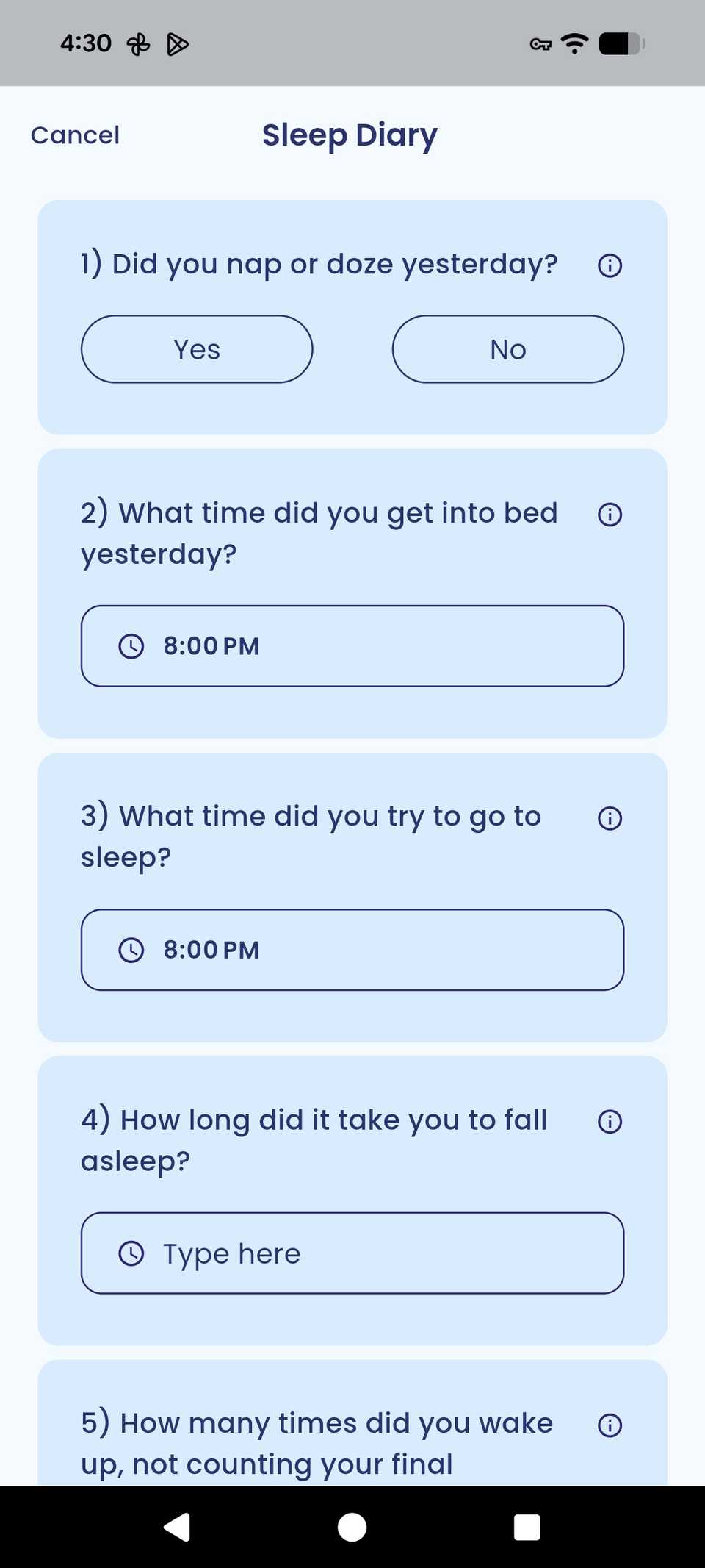A list of questions for sleep diary entry in the CBT-i app