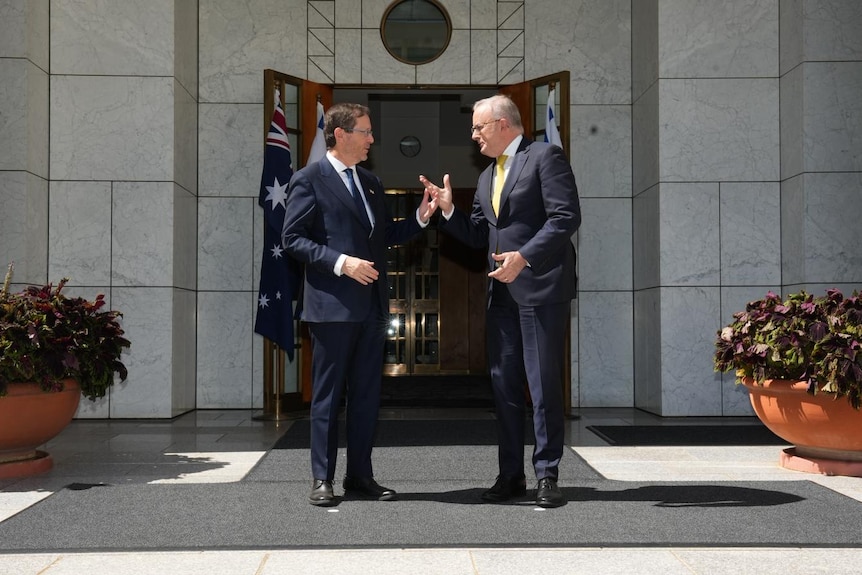 Isaac Herzog and Anthony Albanese talking and making hand gestures outside Parliament House.