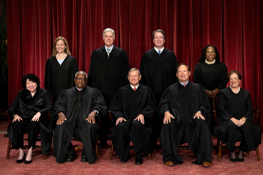 A group of nine people in formal black robes, posed in two rows against a red curtain backdrop.