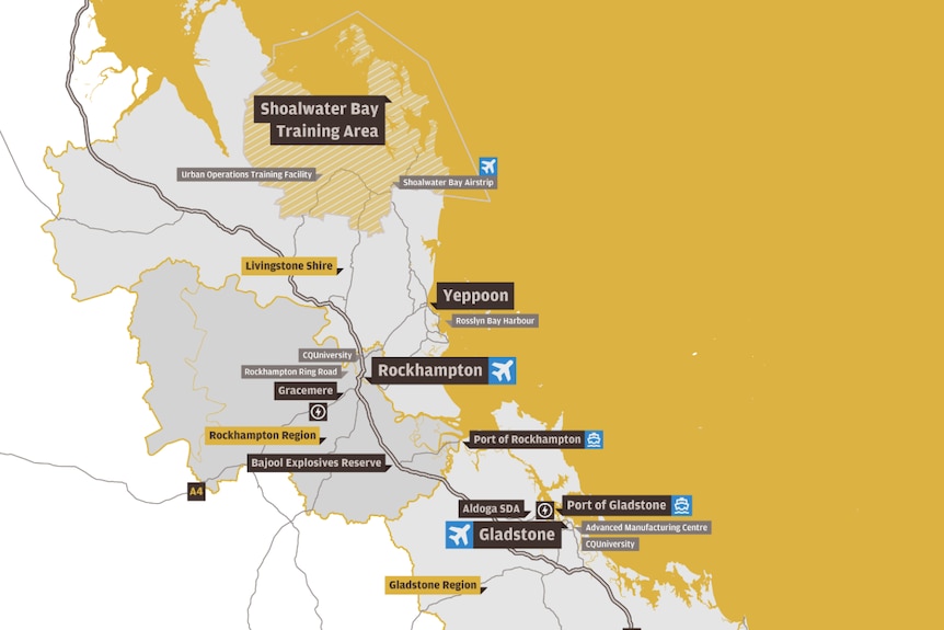 A map of assets across central Qld relevant to Defence