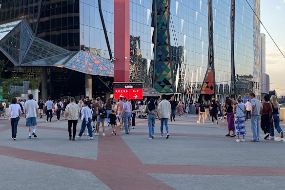 Fans stream towards Marvel Stadium for Thursday night’s Ed Sheeran concert.