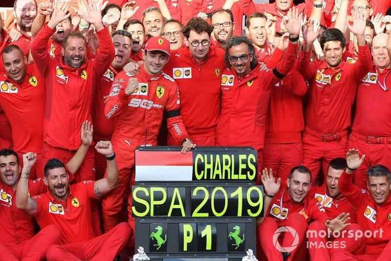 Charles Leclerc, Ferrari, Mattia Binotto, Team Principal Ferrari, Laurent Mekies, Sporting Director, Ferrari, and the Ferrari team celebrate victory