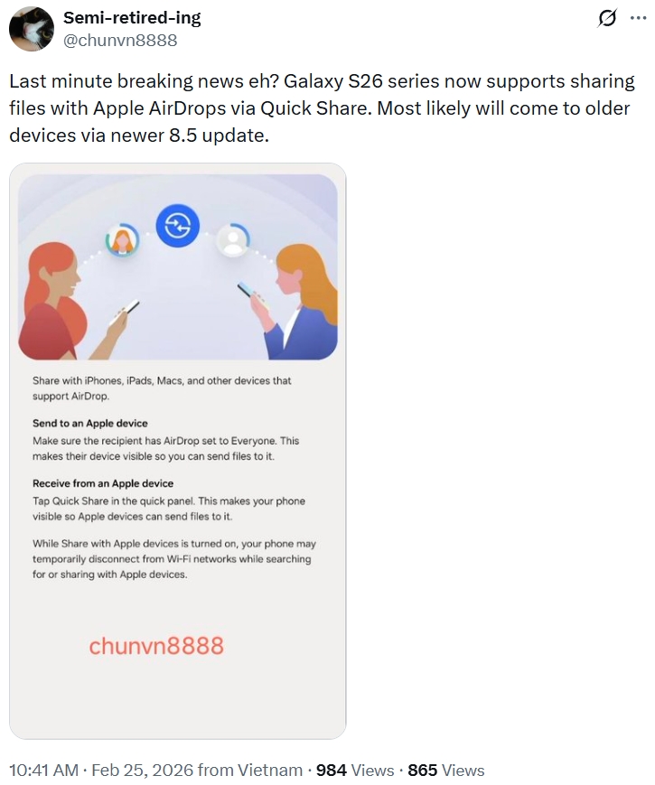 chunvn8888 AirDrop support coming to Galaxy S26 series phone