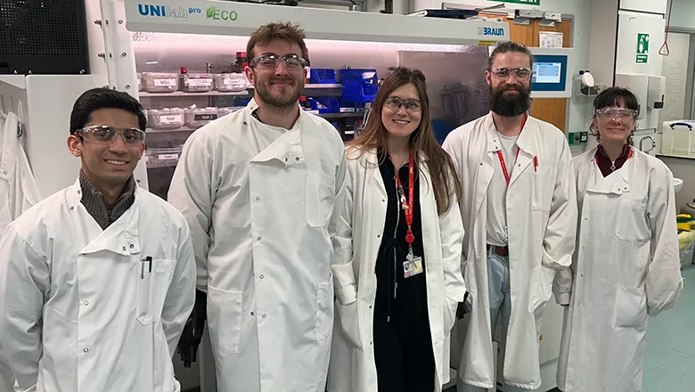 Academic with PhD students in a chemistry lab