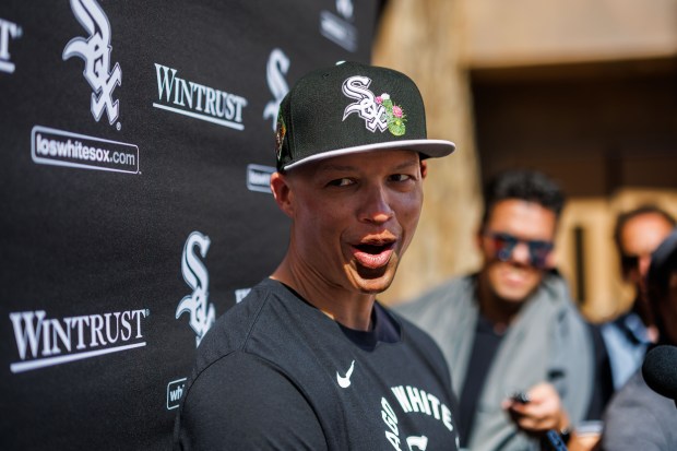 Chicago White Sox manager Will Venable talks with members of the press before the Chicago White Sox play the Milwaukee Brewers in a Cactus League game at Camelback Ranch on Sunday, Feb. 22, 2026, in Glendale, Ariz. (Armando L. Sanchez/Chicago Tribune)