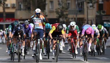 ROQUETAS DE MAR, SPAIN - FEBRUARY 15: (L-R) Matteo Moschetti of Italy and Team Pinarello Q36.5 Pro Cycling, Biniam Girmay of Eritrea and Team NSN Cycling, Milan Fretin of Belgium and Team Cofidis and Dylan Groenewegen of Netherlands and Team Unibet Rose Rockets sprint at finish line during the 39th Clasica de Almeria 2026 a 189.7km one day race from Puebla de Vicar to Roquetas de Mar on February 15, 2026 in Roquetas de Mar, Spain. (Photo by Dario Belingheri/Getty Images)