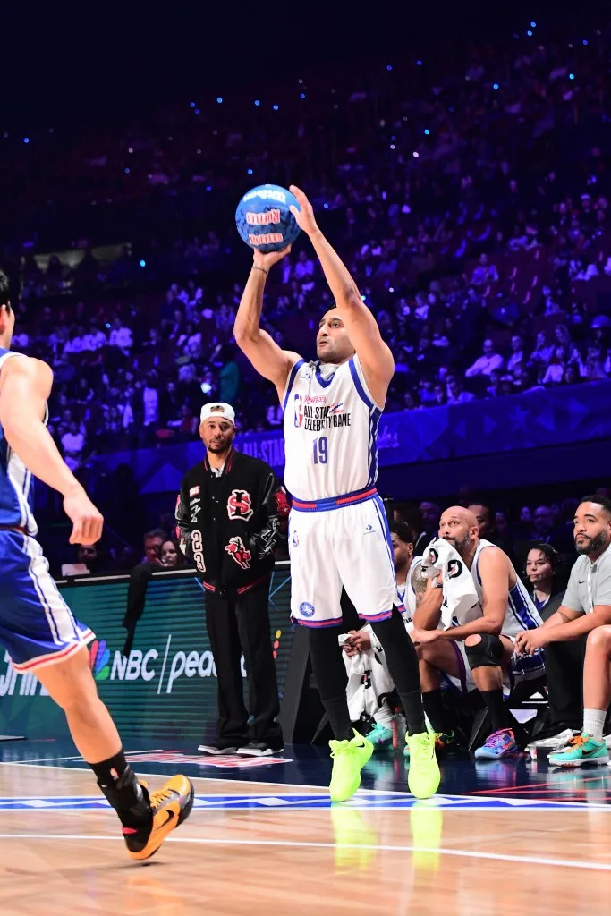 Shams Charania shoots the ball during the game against Team Anderson during the Ruffles NBA All-Star <br>Celebrity Game on Feb. 13, 2026 at Kia Forum in Inglewood, Calif. NBAE via Getty Images