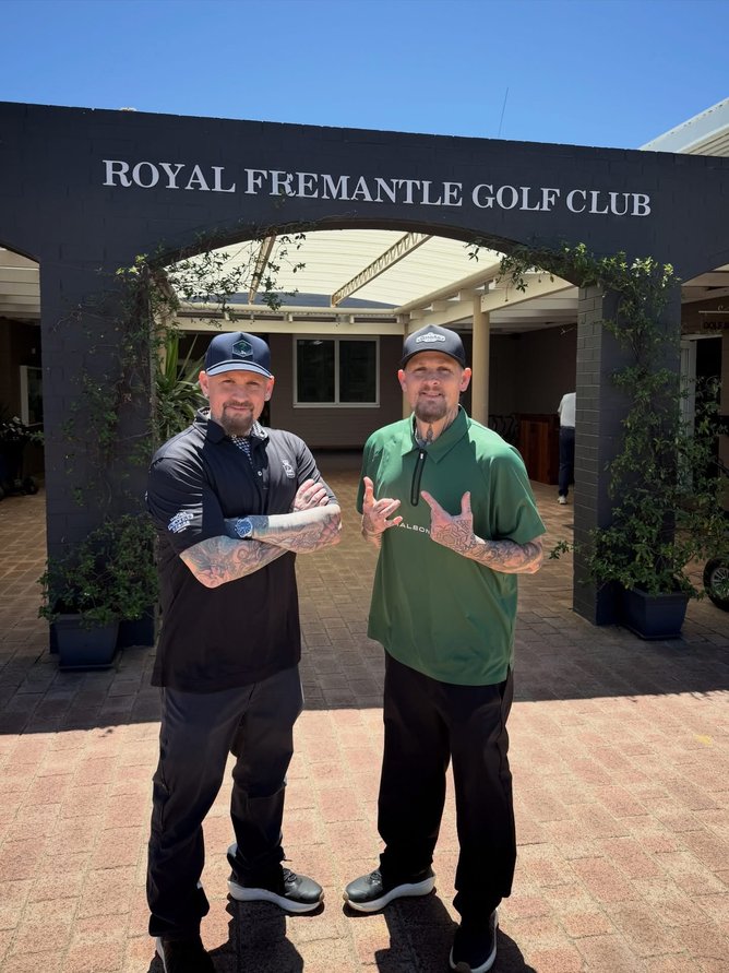 Joel and Benji Madden from Good Charlotte at the Royal Fremantle Golf Club.