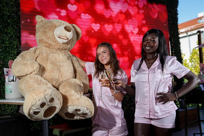 Bartenders Amber Ashton and Nicky Dhelbai at The Avery Perth ahead of the rooftop bar’s Valentine’s Day pyjama party. 