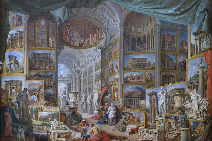 A neoclassical painting of a huge room with floor-to-ceiling ancient Roman artefacts and people inspecting them.