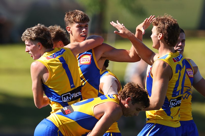 Cooper Duff-Tytler of the Eagles celebrates a goal during the AFL Match Simulation game between the Fremantle Dockers and West Coast Eagles.